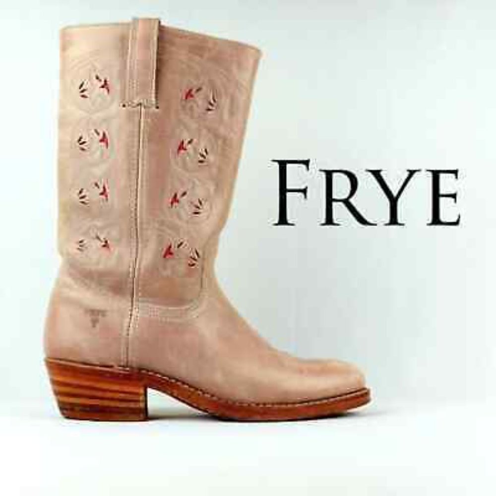 Frye Tan and Pink Austin Cowboy Boots With Pink Flower Eyelet Size 6.5